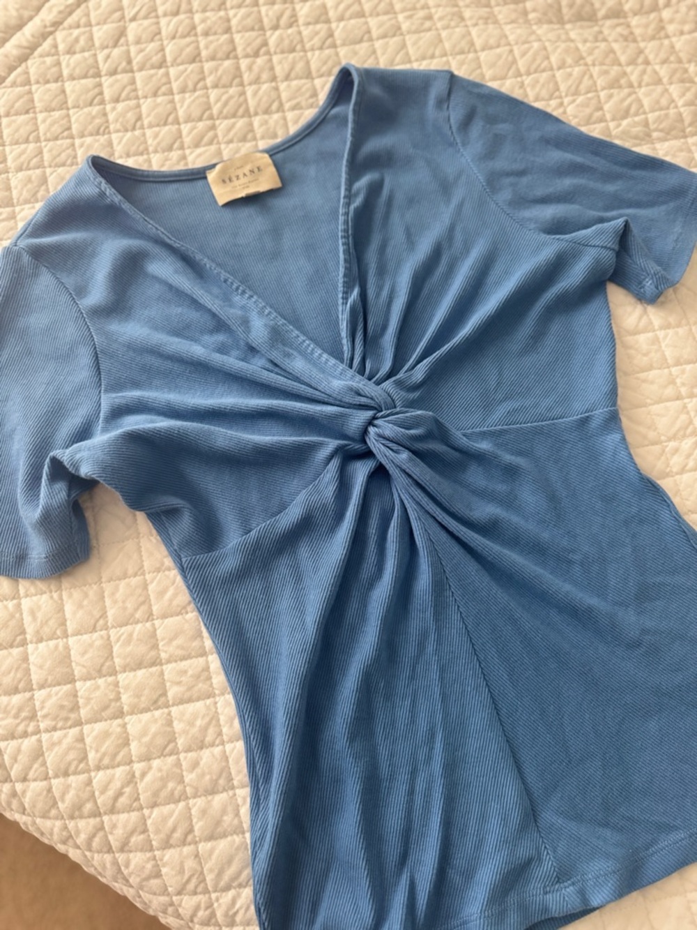 Sezane Maia T-Shirt top knot rib tee Shirt blue M - Picture 3 of 3